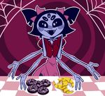  anthro arachnid arthropod black_hair black_sclera blush clothing croissant doughnut dress female food hair hair_bow muffet multi_limb multiple_eyes plate spider spider_web undertale unknown_artist 