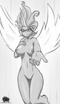  2015 absurd_res areola barefoot big_breasts breasts darkhazard equestria_girls featureless_crotch female greyscale hair hand_on_breast hi_res horn humanoid long_hair looking_at_viewer monochrome my_little_pony navel nipples nude solo sunset_shimmer_(eg) wings 