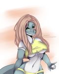  anthro barely_dressed blonde_hair breasts clothing crop_top female fish freckles grey_scales hair half-closed_eyes looking_at_viewer marine multicolored_scales navel nekogirl1257 panties scales shark simple_background solo teeth two_tone_scales underwear white_background 