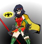  ass_visible_through_thighs belt black_hair boots cape cosplay dc_comics gloves gyosone kill_la_kill mask matoi_ryuuko robin_(dc) robin_(dc)_(cosplay) senketsu short_hair solo thigh_boots thighhighs utility_belt 