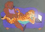  2015 anthro bear bottomless butt claws clothed clothing computer duo feline fur hair half-dressed hand_on_butt holding_butt inside laptop looking_back looking_down male male/male mammal matuska nude paws raised_tail shirt simple_background smile sofa stripes tank_top teeth tiger 