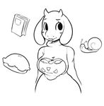  black_and_white blush book breasts caprine cute female food gastropod goat horn itsunknownanon mammal monochrome monster pie smile snail solo toriel undertale wide_hips 