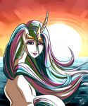  2015 crown equine female friendship_is_magic hair horn looking_at_viewer looking_back mammal multicolored_hair my_little_pony outside ponut_joe princess_celestia_(mlp) sea solo sunset unicorn water what 