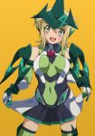  1girl akatsuki_kirika blonde_hair blush breasts covered_navel cowboy_shot elbow_gloves gloves green_eyes headgear leotard looking_at_viewer medium_breasts open_mouth orange_background rikku04 senki_zesshou_symphogear shiny shiny_cllohtes shiny_hair shiny_skin short_hair simple_background skirt skirt_lift smile solo standing striped striped_legwear 