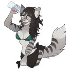  alpha_channel anthro apron black_hair bra breasts clothing eyewear fangs feline female fur glasses grey_fur hair half-closed_eyes looking_at_viewer mammal navel no_pupils okka open_mouth simple_background smile solo stripes teeth tongue tongue_out transparent_background underwear water_bottle 
