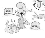  ambiguous_gender black_and_white breasts cooking english_text eye_patch eyewear fire fish hair human itsunknownanon mammal marine melee_weapon monochrome monster polearm protagonist_(undertale) spear speech_bubble table text undertale undyne weapon 