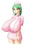  angry arm_under_breasts breasts erect_nipples gigantic_breasts green_hair hat nakagama_yasukazu nurse nurse_cap purple_eyes solo_focus 