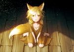  animal_ears barefoot blonde_hair blush_stickers fangs fox_ears fox_tail light_particles long_hair looking_at_viewer mocha_(cotton) on_floor original signature sitting solo tail v_arms wariza wooden_floor yellow_eyes 