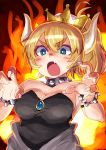  1girl bangs black_leotard blonde_hair blue_eyes bowsette bracelet breasts bright_pupils claw_pose cleavage collar commentary_request crown eyebrows_visible_through_hair fang fiery_background fingernails fire hair_between_eyes hands_up highres horns jewelry leotard looking_at_viewer mario_(series) medium_breasts new_super_mario_bros._u_deluxe nintendo open_mouth ouhashi_(yumenosukima) ponytail solo spiked_bracelet spiked_collar spikes super_crown thick_eyebrows upper_body v-shaped_eyebrows 