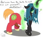  2015 animal_genitalia big_macintosh_(mlp) caely changeling equine female friendship_is_magic fur horse looking_at_viewer magic male mammal my_little_pony penis pony queen_chrysalis_(mlp) simple_background text transformation wings 