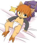  barefoot bed blush clothed clothing cub digital_media_(artwork) discarded_clothing embarrassed fundoshi grumpy half-dressed high-angle_shot kennen league_of_legends looking_away lying male manmosu_marimo navel ninja nipples on_back on_bed shuriken solo underwear video_games yordle young 