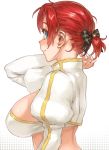  1girl arm_up blush boudica_(fate/grand_order) bow breasts fate/grand_order fate_(series) from_side green_eyes hair_bow juliet_sleeves large_breasts long_sleeves puffy_sleeves red_hair shoe-ji smile solo 