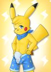  anthro ascot balls blue_eyes blush bulge clothed clothing cute diskodeath erection erection_under_clothes fan_character fur hair half-dressed hand_on_hip long_ears male mammal nintendo one_eye_closed pikachu pok&eacute;mon rodent rosy_cheeks short_hair shorts smile solo standing tongue tongue_out video_games wink yellow_fur 