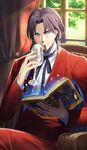  beard blue_eyes book brown_hair costume cup drinking_glass facial_hair fate/grand_order fate_(series) highres holding holding_book magic male_focus official_art resized sakamoto_mineji solo toosaka_tokiomi upscaled waifu2x wine_glass 