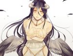  2f_sq albedo bare_shoulders black_hair black_wings breast_hold breasts cleavage demon_girl detached_collar hip_vent horns large_breasts long_hair looking_at_viewer low_wings overlord_(maruyama) parted_lips solo very_long_hair wings yellow_eyes 