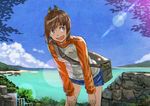  :d bad_id bad_pixiv_id bag brown_eyes brown_hair cloud day i-401_(kantai_collection) jacket kantai_collection leaning_forward lens_flare ocean open_mouth ponytail rano short_hair shorts sky smile solo track_jacket 