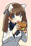 :o blue_eyes blue_ribbon blush brave_witches brown_background brown_hair eating food georgette_lemare hamburger holding kinosaki_(green_patio) long_hair military military_uniform open_mouth ribbon simple_background solo twintails twitter_username uniform upper_body world_witches_series 