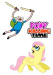  2012 adventure_time angry backpack black_eyes clothed clothing crossover curtsibling d: digital_media_(artwork) duo english_text equine eyebrows eyelashes female finn_the_human fluttershy_(mlp) footwear friendship_is_magic fur hair horse human looking_down looking_up male mammal melee_weapon my_little_pony pants parody pegasus pink_hair pony shirt shoes sword teeth text tongue watermark weapon white_sclera wings yellow_fur 