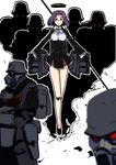  armor glowing glowing_eyes gun helmet jin_roh kantai_collection machine_gun mechanical_halo polearm protect-gear purple_eyes purple_hair school_uniform short_hair solo_focus tatsuta_(kantai_collection) weapon wolf_(raidou-j) 