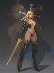  armor armored_boots bangs bikini_armor bikini_bottom blonde_hair blue_cape boots breasts bridgeless_bra cape choker cleavage cross cross_earrings drawcrowd_sample earrings elf facial_mark forehead_mark full_body gauntlets gradient gradient_background greaves grey_background high_heel_boots high_heels highleg highres holding holding_sword holding_weapon huge_weapon image_sample jewelry jpeg_artifacts large_breasts leg_armor leg_tattoo lips long_hair navel original pauldrons pointy_ears shadow sheath sheathed shield simple_background smjim1986 solo standing swept_bangs sword tattoo thigh_boots thighhighs warrior weapon yellow_eyes zoom_layer 