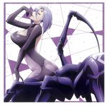  1girl album_cover arachne ass backless breasts butt_crack cleavage cleavage_cutout cover extra_eyes female finger_to_mouth from_side highres large_breasts lavender_hair looking_at_viewer monster_girl monster_musume_no_iru_nichijou multiple_eyes multiple_legs official_art parted_lips rachnera_arachnera red_eyes short_hair side_view smile smirk solo spider_girl striped_background 