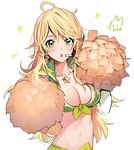  :o ahoge artist_name blonde_hair breasts cheerleader cleavage crop_top earrings front-tie_top green_eyes headset hoshii_miki idolmaster idolmaster_(classic) jewelry large_breasts long_hair midriff navel necklace open_mouth pom_poms rod_(rod4817) shirt simple_background solo star star_earrings star_necklace tied_shirt white_background 