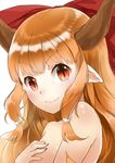 bad_id bad_twitter_id closed_mouth covering covering_breasts fang hair_ornament hair_ribbon horns ibuki_suika jpeg_artifacts long_hair nishiuri nude orange_hair pointy_ears portrait red_eyes ribbon simple_background slit_pupils smile solo touhou white_background 