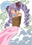  bdsm blue_eyes blush bondage bound daikinbakuju dress drill_hair floral_background gag gown hiiragi_kagami long_dress lucky_star purple_hair rope rose tape_gag twintails 