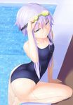  :d abmayo ass bare_legs collarbone competition_swimsuit from_above goggles goggles_on_head gohei highres one-piece_swimsuit open_mouth pool purple_eyes purple_hair short_hair_with_long_locks sidelocks smile solo swimsuit vocaloid voiceroid water wet yuzuki_yukari 