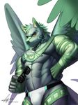  2015 6graycloudp abs anthro blush bulge canine clothed clothing eyewear fur green_fur green_nose half-dressed male mammal muscular pecs signature simple_background skimpy solo sunglasses tattoo thong topless underwear white_background wings wolf 