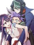  2boys blush brother_and_sister jacket kurosaki_ruri kurosaki_shun multicolored_hair multiple_boys open_mouth sandwiched siblings smile sweat tmk two-tone_hair white_background yuu-gi-ou yuu-gi-ou_arc-v yuuto_(yuu-gi-ou_arc-v) 