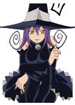  1girl bare_shoulders blair breasts female hat large_breasts looking_at_viewer purple_hair solo soul_eater thighhighs witch_hat yellow_eyes 