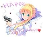  aldnoah.zero aqua_eyes asseylum_vers_allusia bangs bashen_chenyue blonde_hair blush braid crown_braid dress english green_eyes gun handgun happy_birthday heart high_collar holding holding_gun holding_weapon jewelry juliet_sleeves long_hair long_sleeves looking_at_viewer necklace pistol puffy_sleeves sidelocks smile smoke smoking_gun solo trigger_discipline upper_body weapon white_background white_dress 