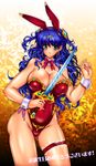 animal_ears athena_(series) blue_eyes blue_hair bow bowtie breasts bunny_ears bunnysuit cleavage detached_collar garters happy_birthday highres huge_breasts john_r long_hair princess_athena snk solo standing sword weapon wrist_cuffs 