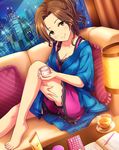  artist_request barefoot book breasts brown_eyes brown_hair calculator cleavage couch cup curtains feet floral_print highres idolmaster idolmaster_cinderella_girls kawashima_mizuki lamp medium_breasts official_art open_book pen pillow resized saucer sitting skyline solo teacup upscaled waifu2x 