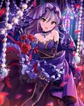  alternate_hairstyle artist_request bouquet breasts cleavage dress earrings elbow_gloves fishnets flower garter_straps gloves highres idolmaster idolmaster_cinderella_girls jewelry kanzaki_ranko long_hair looking_at_viewer necklace official_art open_mouth petals purple_dress purple_wedding_dress red_eyes resized silver_hair small_breasts solo sparkle thighhighs upscaled veil waifu2x wedding_dress 