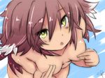  bella_(sennen_sensou_aigis) breasts brown_hair chestnut_mouth covering_nipples koko_(hm142533) nude sennen_sensou_aigis signature small_breasts solo yellow_eyes 