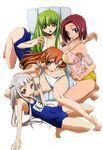  4girls absurdres ass barefoot bikini blue_eyes breasts c.c. cleavage code_geass feet female flat_chest green_hair highres kallen_stadtfeld long_hair multiple_girls one-piece_swimsuit orange_eyes orange_hair red_hair render school_swimsuit see-through shirley_fenette short_hair side-tie_bikini silver_hair swimsuit very_long_hair yellow_eyes 