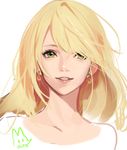  artist_name blonde_hair commentary_request earrings face green_eyes grin hair_over_one_eye hoshii_miki idolmaster idolmaster_(classic) jewelry korean korean_commentary lips lowres rod_(rod4817) simple_background smile solo white_background 