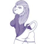  black_and_white breasts butt caitian clothed clothing eyebrows eyelashes feline fur hair half-dressed lonbluewolf looking_at_viewer looking_back m&#039;ress mammal monochrome nude open_mouth presenting presenting_hindquarters pussy simple_background sketch solo star_trek tongue underwear 