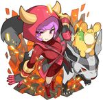  boots fake_horns fighting_stance from_above full_body gen_3_pokemon gloves hood hoodie horned_headwear kagari_(pokemon) knee_boots looking_at_viewer mightyena molten_rock numel pokemon pokemon_(creature) pokemon_(game) pokemon_oras purple_eyes purple_hair red_footwear ribbed_sweater saitou_naoki short_hair smile sweater team_magma uniform 