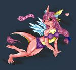  2009 anthro big_eyes black_background bra breasts claws clothing cute dragon feathers fur furred_dragon hair hybrid inner_ear_fluff lagomorph linvar long_hair lying mammal open_mouth panties pink_scales purple_fur purple_hair rabbit scales scalie simple_background solo tigerlilylucky toe_claws traditional_media_(artwork) underwear white_feathers white_fur wings yellow_scales 