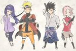  2girls black_hair blonde_hair haruno_sakura highres hyuuga_hinata kumoko_(supermoichan) long_hair multiple_boys multiple_girls naruto naruto_(series) naruto_shippuuden ookami_(game) parody pink_hair purple_hair short_hair style_parody uchiha_sasuke uzumaki_naruto 