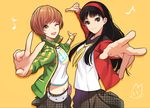  :d amagi_yukiko artist_name bangs belt black_eyes black_hair brown_eyes brown_hair eighth_note hairband jacket long_hair midriff multiple_girls musical_note one_eye_closed open_mouth orange_background persona persona_4 rod_(rod4817) satonaka_chie school_uniform serafuku short_hair skirt smile track_jacket 