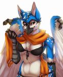  avian beak bird bra breasts clothed clothing female fivel orange_eyes panties scarf solo underwear wings 