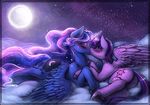  2015 bantha blush butt colored cutie_mark equine eyes_closed female female/female feral friendship_is_magic full_moon hair hi_res hooves horn kissing long_hair lying mammal moon my_little_pony outside princess_luna_(mlp) solo twilight_sparkle_(mlp) underhoof winged_unicorn wings 