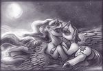  2015 bantha blush butt cutie_mark equine eyes_closed female female/female feral friendship_is_magic full_moon hair hi_res hooves horn kissing long_hair lying mammal monochrome moon my_little_pony outside princess_luna_(mlp) solo twilight_sparkle_(mlp) underhoof winged_unicorn wings 