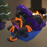  2015 alternate_color anthro asura_arklin barbs bioluminescence black_fur black_hair breasts butt canine christmas clothed clothing dickgirl espinoth fan_character fire fireplace fur glowing glowing_penis green_eyes grey_fur hair holidays humanoid hybrid intersex jewelry knot koshimoto mammal nails nintendo ornaments penis pok&eacute;mon purple_fur purple_hair ribbons ridged_penis smoke tongue tongue_out video_games zoroark 