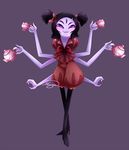  anthro arachnid arthropod black_hair clothing dress female grey_skin hair hair_bow lethalauroramage muffet multi_limb multiple_eyes noseless purple_eyes smile solo spider tea_cup tea_pot undertale 