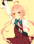  ahoge glasses kantai_collection long_hair long_sleeves makigumo_(kantai_collection) pink_hair school_uniform sleeves_past_fingers sleeves_past_wrists smile solo translated twintails yellow_eyes yugake_(mrnmrm) 